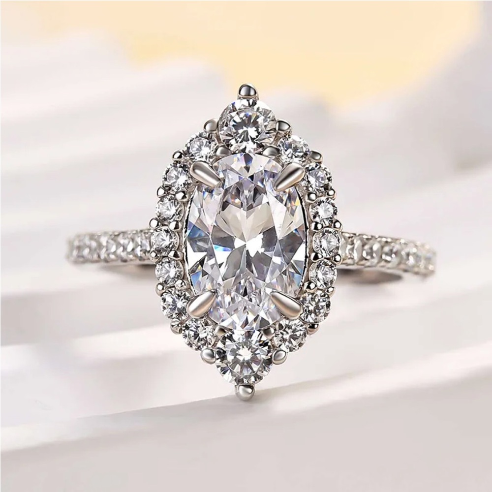 Halo Oval Sona Simulated Diamond Engagement Ring Sterling Silver size 6